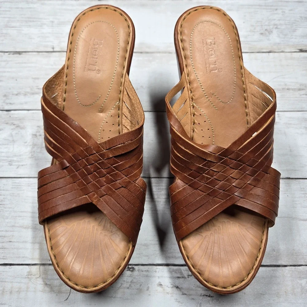 Born‎ Woven Leather Wedge Platform Sandals Womens 10M Brown Strappy Mules D63216